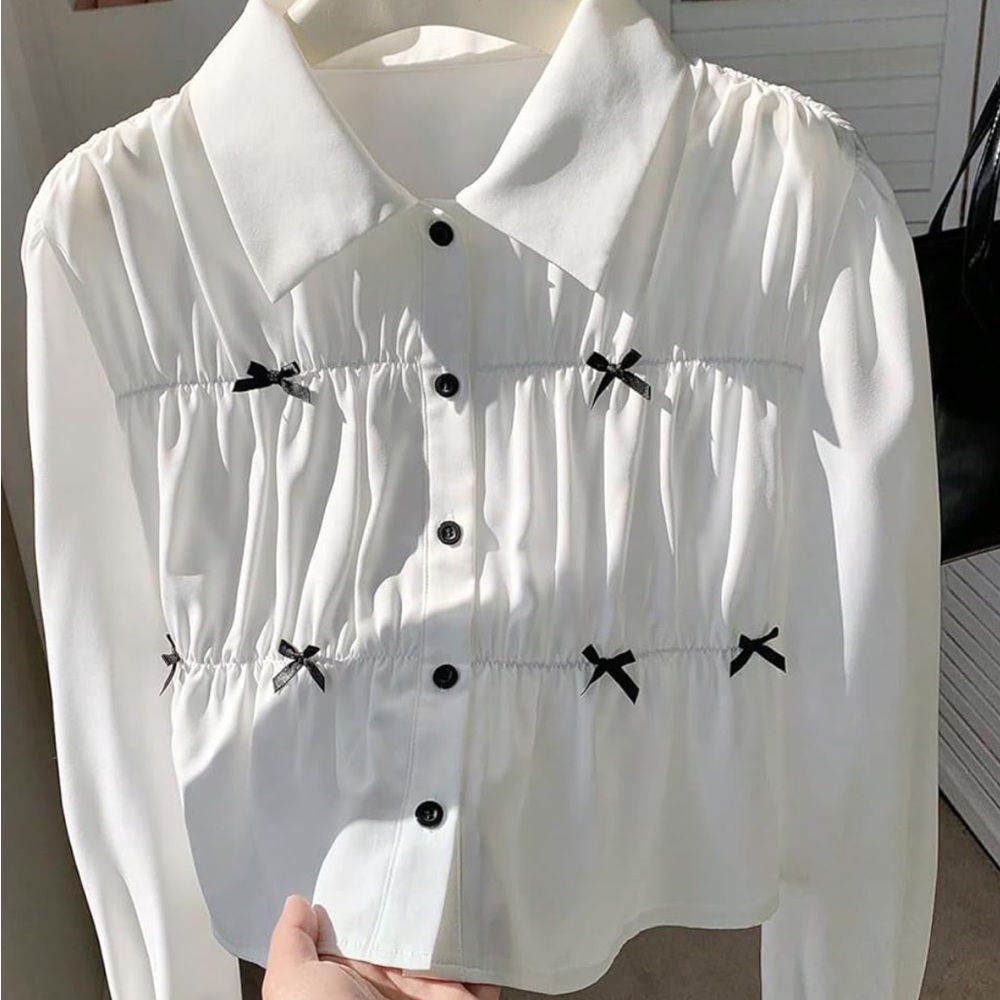 White Button-Down Shirt with Black Bow Accents